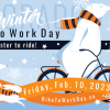 Graphic of polar bear riding a bike followed by several other animals.