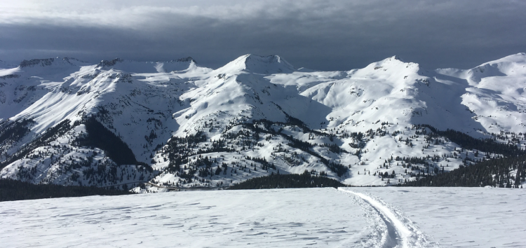 A wide shot of a snowy mountain range and cloudy skies. In the foreground, a path in the snow runs across a hill toward the mountains. Image taken from the Hindsight Journal 