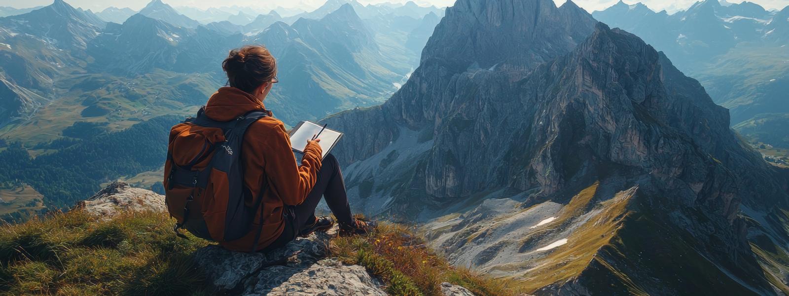 A hiker writing on a mountaintop