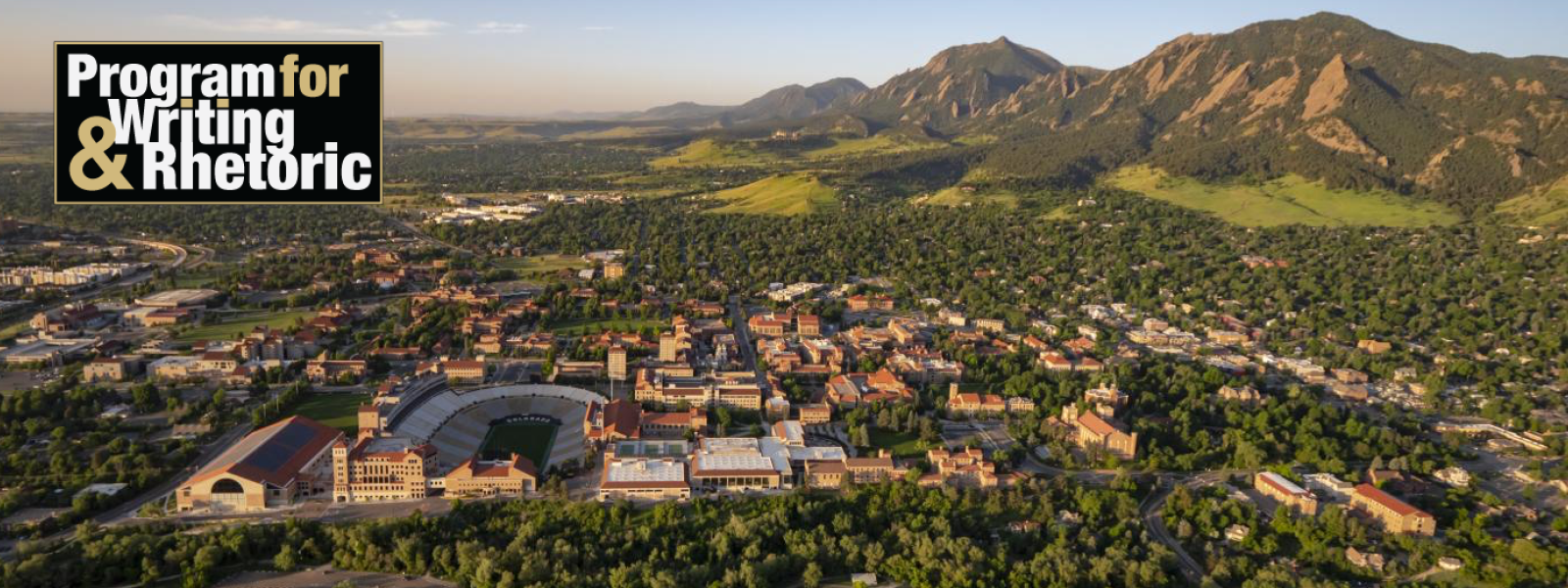 PWR logo and aerial shot of CU Boulder, alt version
