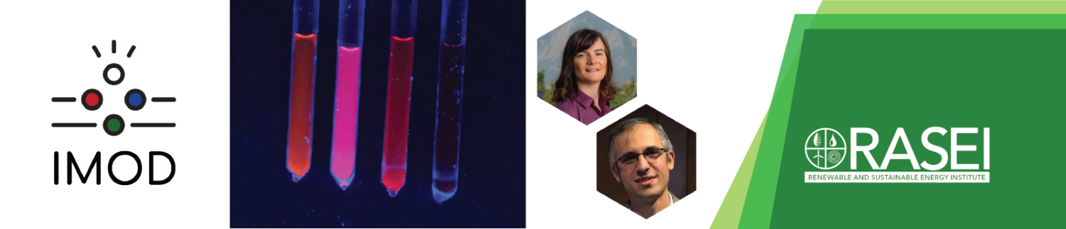Banner showing the RASEI authors, the IMOD logo and a picture of a sample of the quantum dots