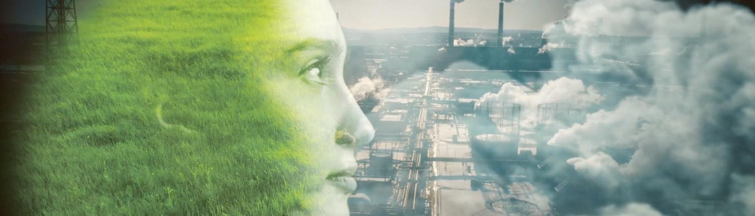 Summit banner, with a women in a green field looking out at a polluting industrial complex