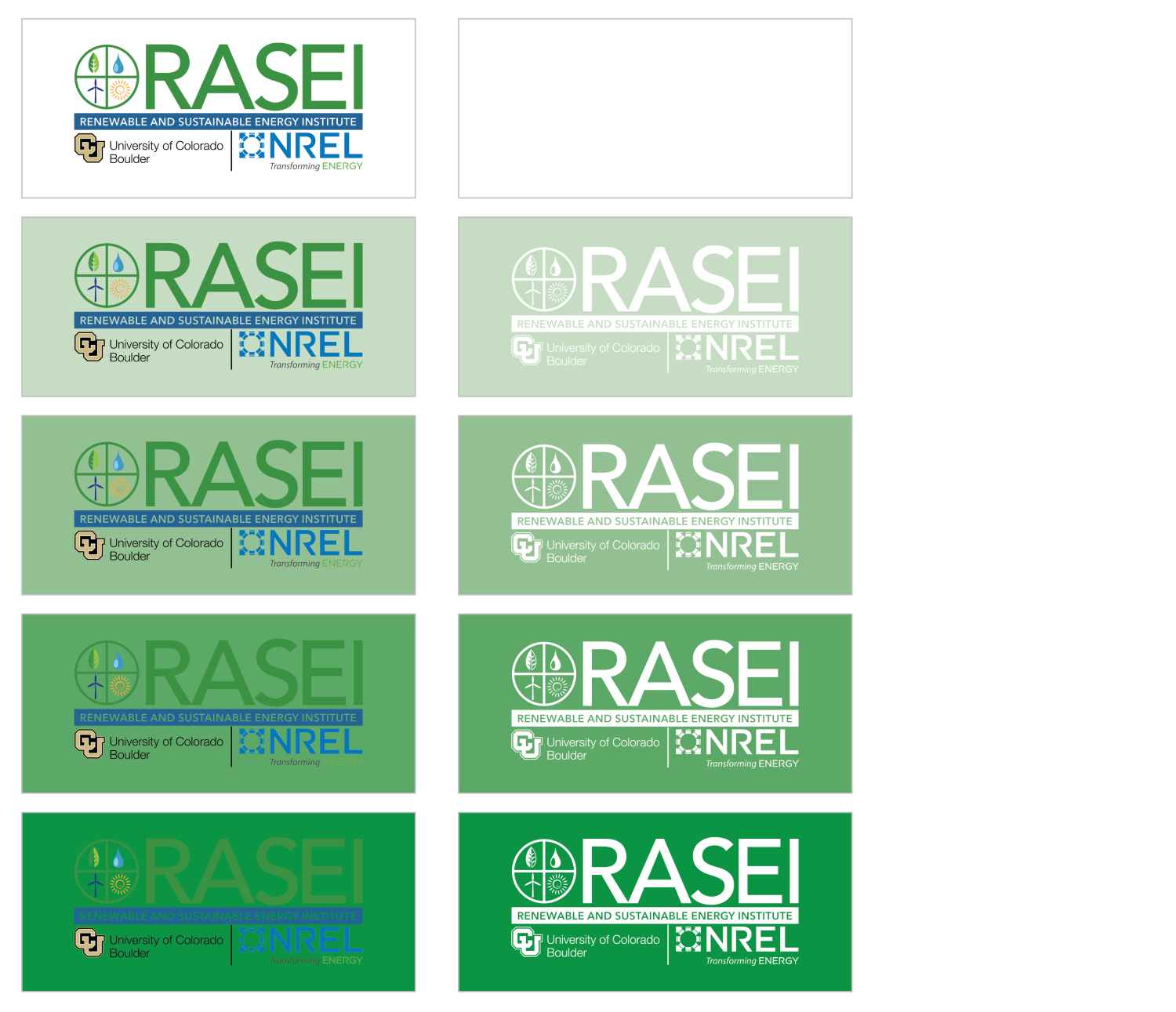 Panel showing the RASEI logo in full color on a range of different backgrounds going from light to dark, and also the RASEI logo in white, on the same light to dark backgrounds