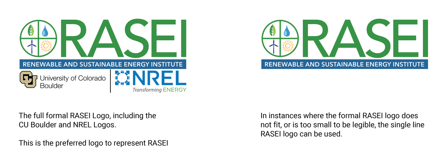 Two RASEI logos, the full one that includes the CU Boulder and NREL marks and a smaller single line RASEI logo