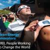 NREL Clean Energy Innovators book cover with NREL members looking at a solar eclipse with sun protection glasses