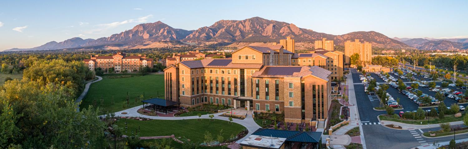 CU Will Vill dorms and Flatirons from above