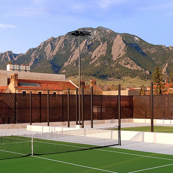 Rooftop tennis courts with flat irons