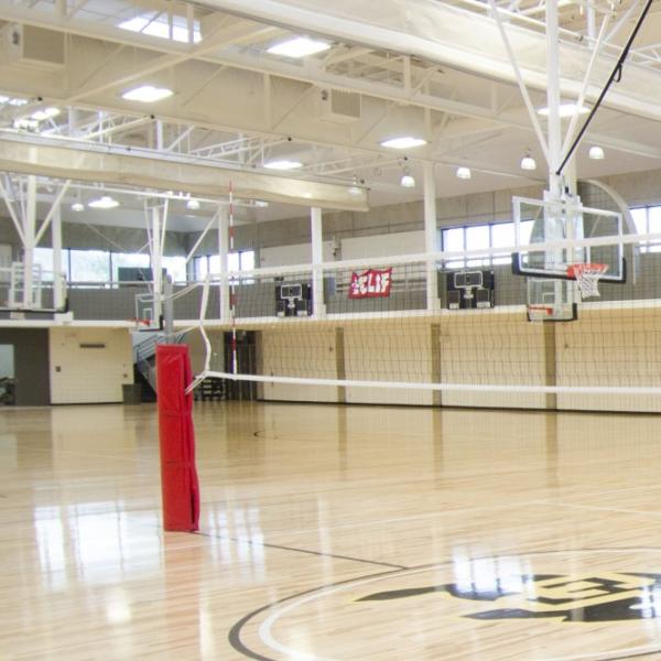 Basketball court with volleyball nets set up