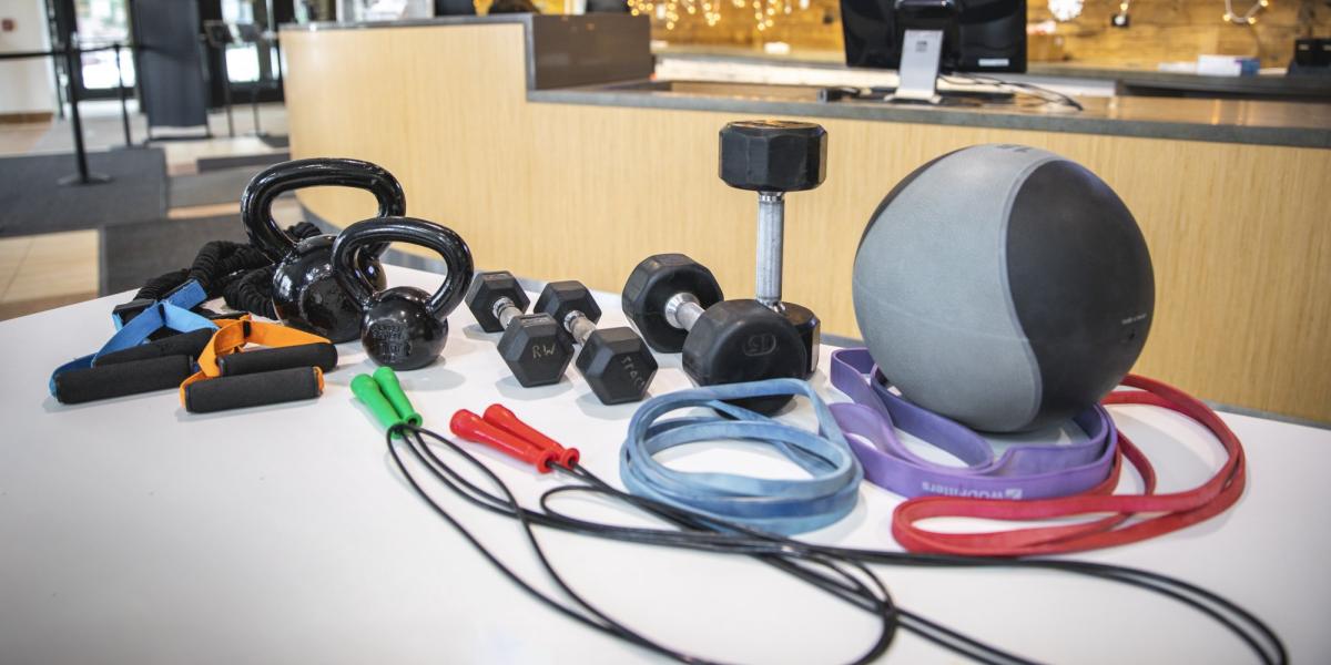 dumbbells, jump ropes, and various other equipment