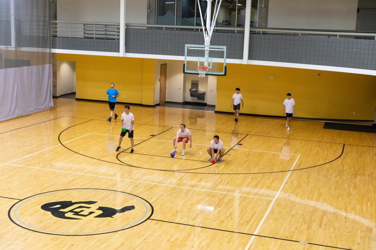 students playing dodgeball on the CU buff court