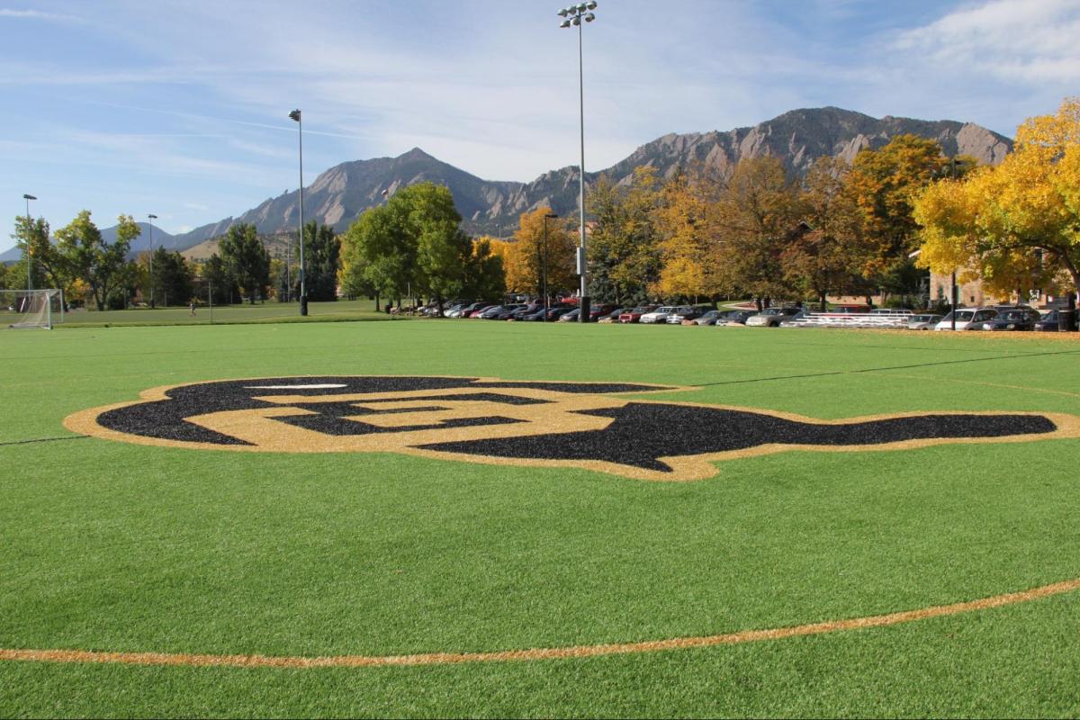 kittredge south turf field with a big CU Boulder logo