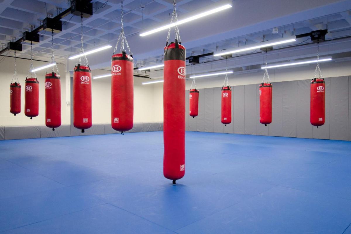 mat room blue mat floors and punching bags hanging