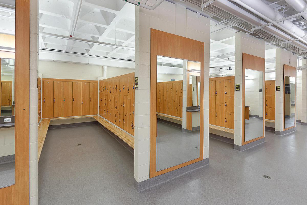 Photo of the interior space of a regular locker room at the Rec Center.