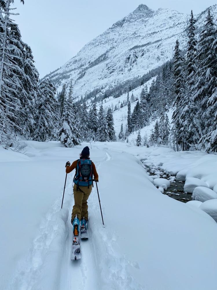 woman on cross country skis moving through a snowy pass
