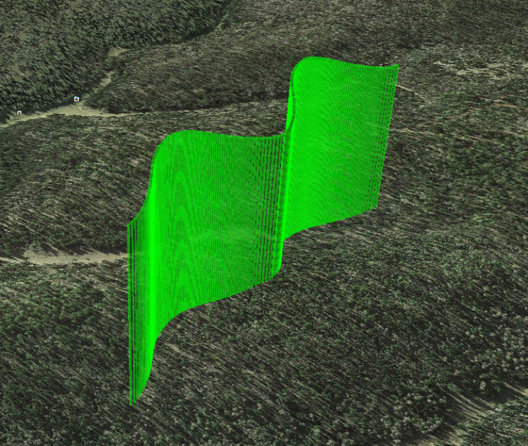 A stitched two-segment guidance trajectory in Google Earth