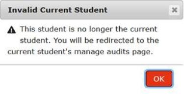 Screenshot of invalid student error message in the degree audit system
