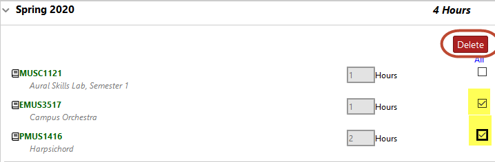 A screenshot of the student's plan panel with "Spring 2020" expanded. A red "Delete" button appears under the credit hour total (4 Hours). Under that, there are three courses listed, with three columns each. The course number and title are in the first column, the number of credit hours is in the second column, and deletion check boxes are in the third. In the screenshot, the boxes are checked for the second and third courses.