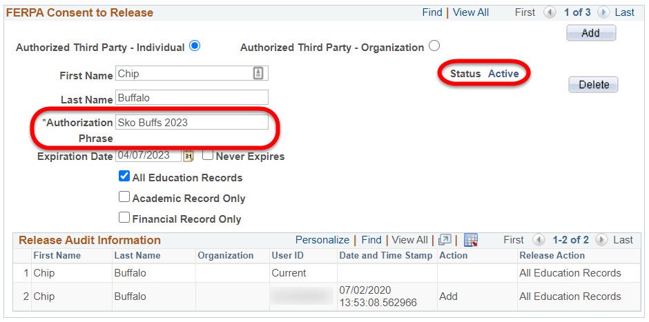 A screenshot from Campus Solutions of an active FERPA consent to release authorization. The authorization phrase field is populated, and the "Status" field is labeled "Active".