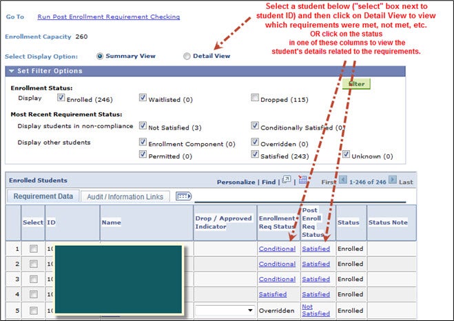 A screenshot of the Campus Solutions enrollment requirement roster page, with arrows indicating where users can click to change from summary view to detail view.