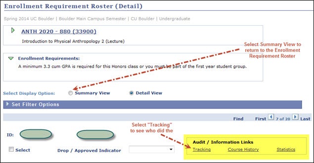 A screenshot of the "Enrollment Requirement Roster (Detail)" section on the Campus Solutions enrollment requirement roster page. Arrows point to the "Audit / Information Links" panel, which includes links to "Tracking," "Course History" and "Statistics." Another arrow points to the "Select Display Option" radio buttons; a note indicates that selecting the "Summary View" radio button will change the view accordingly.