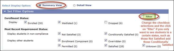 A screenshot of the "Set Filter Options" section on the Campus Solutions enrollment requirement roster page.