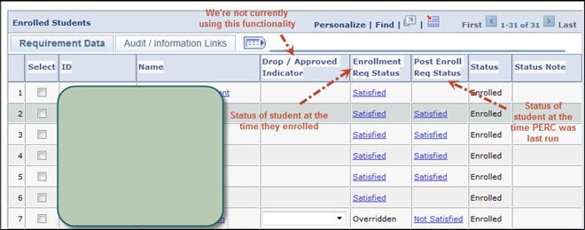 A screenshot of the "Enrolled Students" section (a.k.a., the enrolled students roster) on the Campus Solutions enrollment requirement roster page.