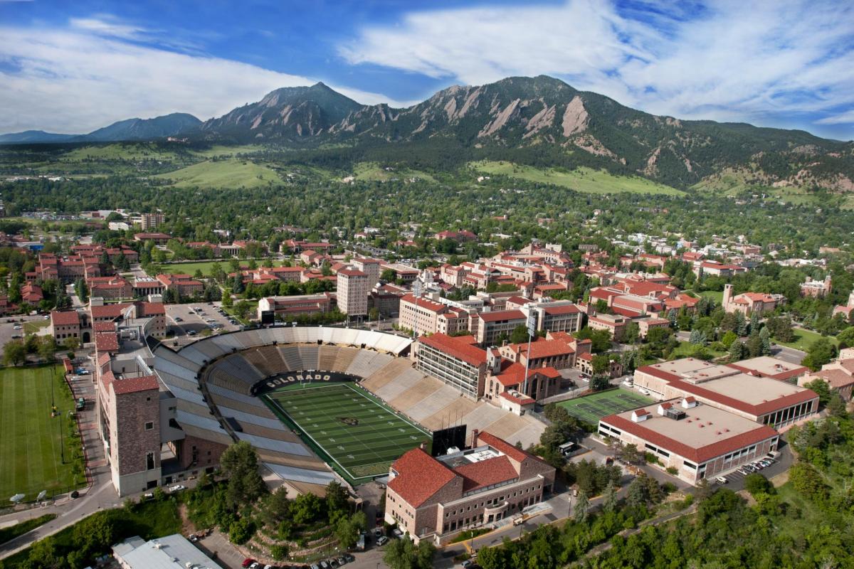 Aerial view of CU Boulder campus with Folsom Field in the foreground.