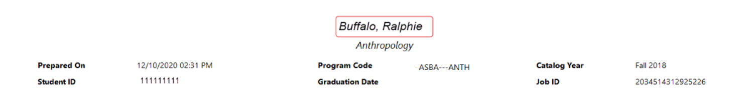 A screenshot of the top of a sample degree audit. The student's name is listed first ("Buffalo, Ralphie"), followed by their degree program ("Anthropology"), the date on which the audit was prepared, their program's code and catalog year, their ID number and graduation date, and the job ID for the audit.