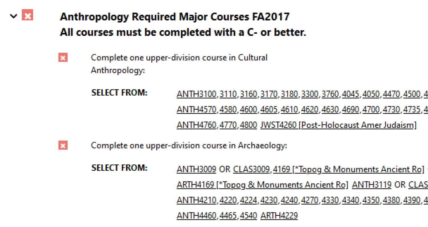A screenshot of two unfulfilled sub-requirements from a sample degree audit. A red X icon appears to the left of the sub-requirement, followed a description. The first example reads: "Complete one upper-division course in Cultural Anthropology." The next line begins with the words "Select from:", followed by a list of CU Boulder courses that meet the sub-requirement.