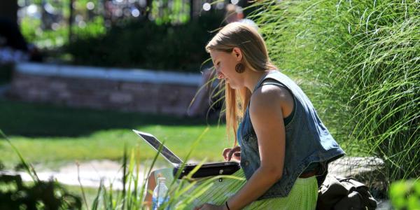 A young woman working outdoors on a laptop.