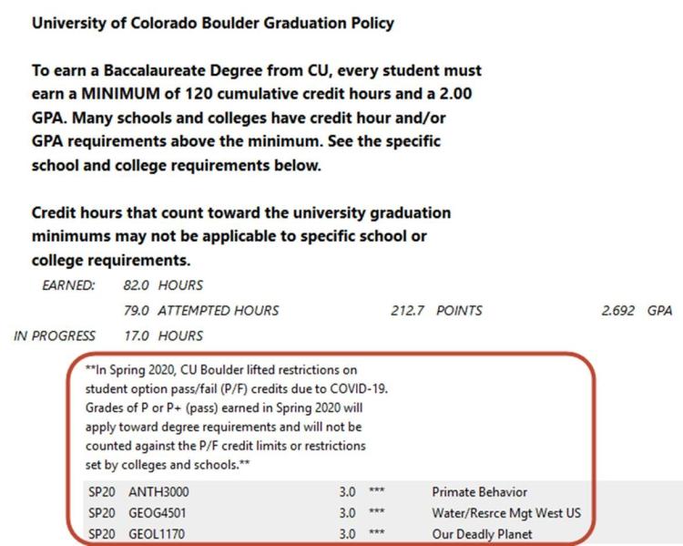 Screenshot of pass/fail P+ explanation in the degree audit system.