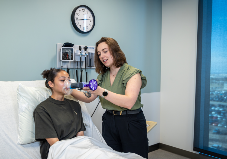 Pediatric patient performing a breathing test