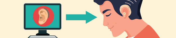 Illustration of man with hearing aids beside a computer
