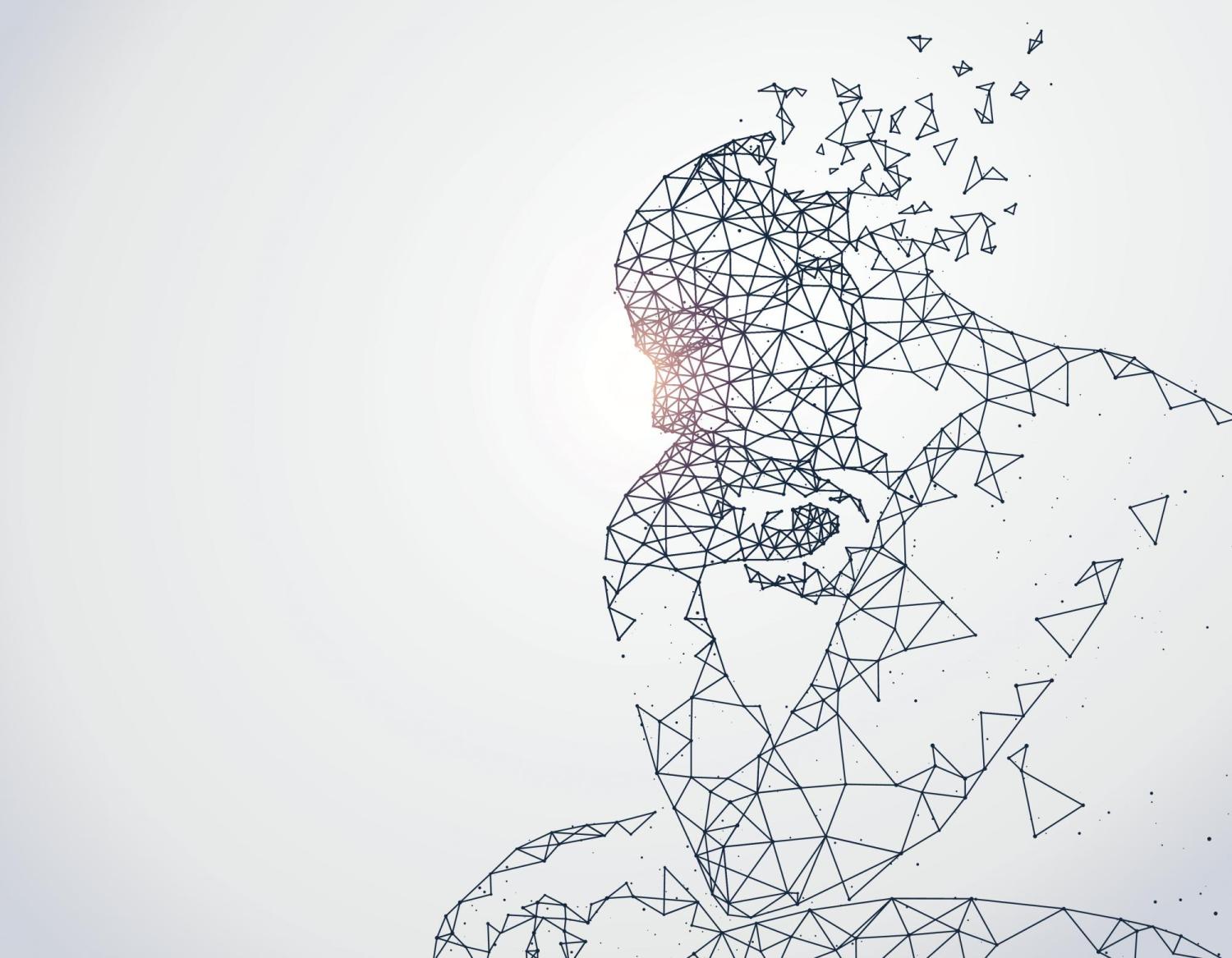 An illustration showing artificial intelligence shaped like Auguste Rodin's The Thinker.