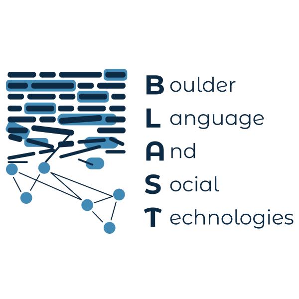 Logo for the BLAST group. Boulder Language and Social Technologies in large text to make up the BLAST acronym. An image of neural net structures.