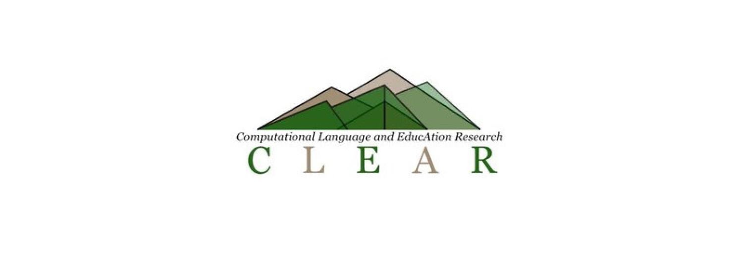 Logo for the CLEAR center. CLEAR in large text with a background of the flatirons created with multiple superimposed triangles.