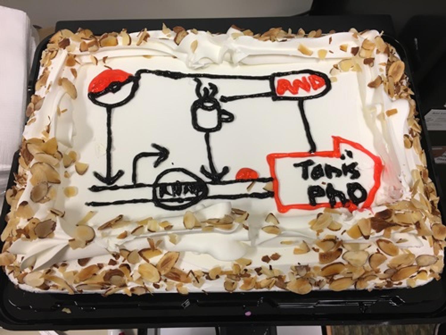 Aug 2018: Lab creativity on display: TI based Logic Gate cake! TRUE (Coffee)+ TRUE(Pokemon)=Toni's Ph.D. (Note: The RNAP represents Toni as he chugged along towards his Ph.D.) ;-)
