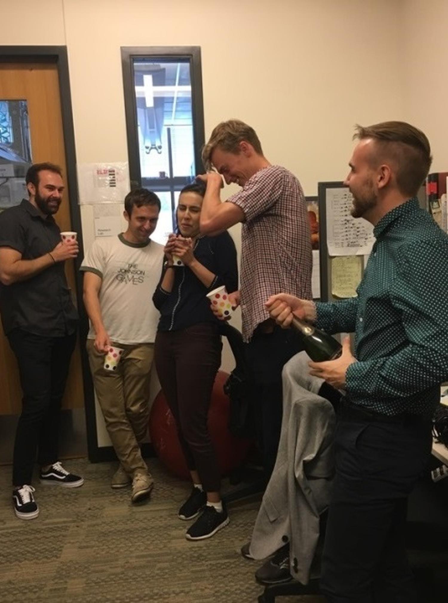 Aug 17 2018: Celebrating Toni's Ph.D. defense with Champagne!