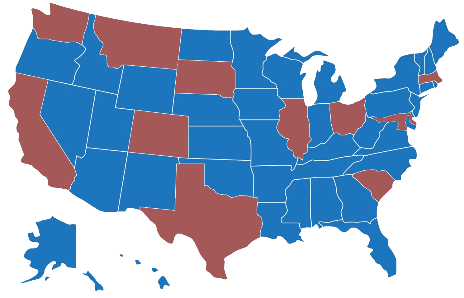 A map of the US with the following states highlighted: California, Washington, Montana, Colorado, South Dakota, Texas, Illinois, Ohio, Massachusetts, Maryland, South Carolina