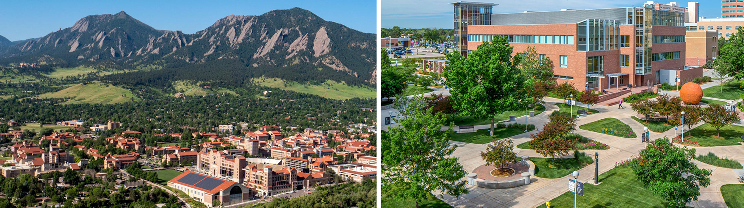 Aerial views of CU Boulder and CU Anschutz campuses, side by side