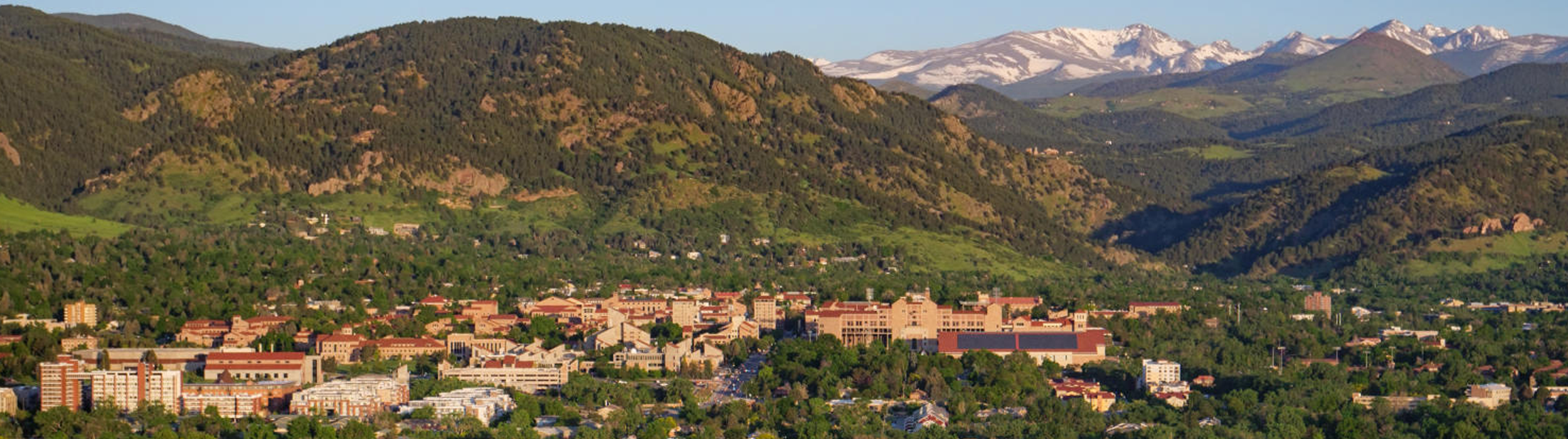 Drone view of CU Boulder campus from the east
