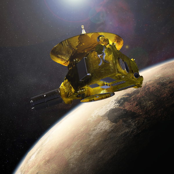 Artist's depiction of New Horizons flying past Pluto with its moon Charon behind it