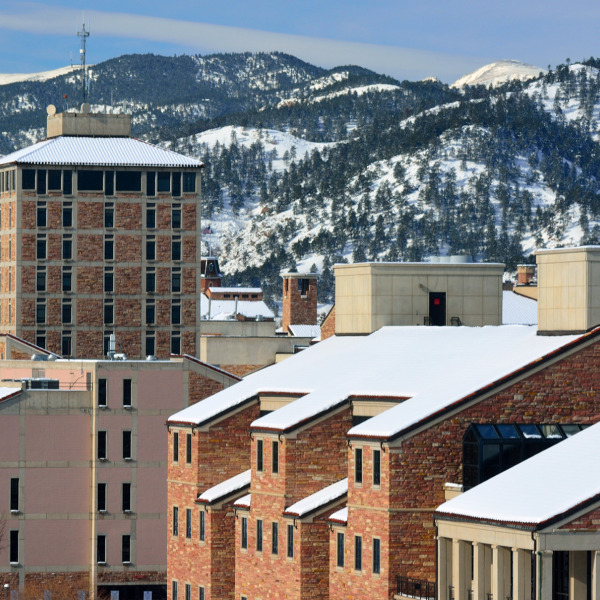 The CU Boulder campus on a snowy day