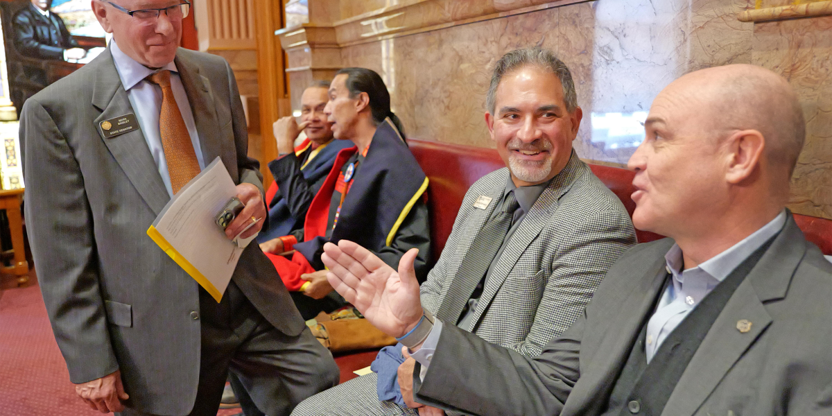 Pictured here, Chancellor Justin Schwartz and Massimo Ruzzene, senior vice chancellor for research and innovation and dean of the institutes, speak to Colorado State Senator Mark Baisley.