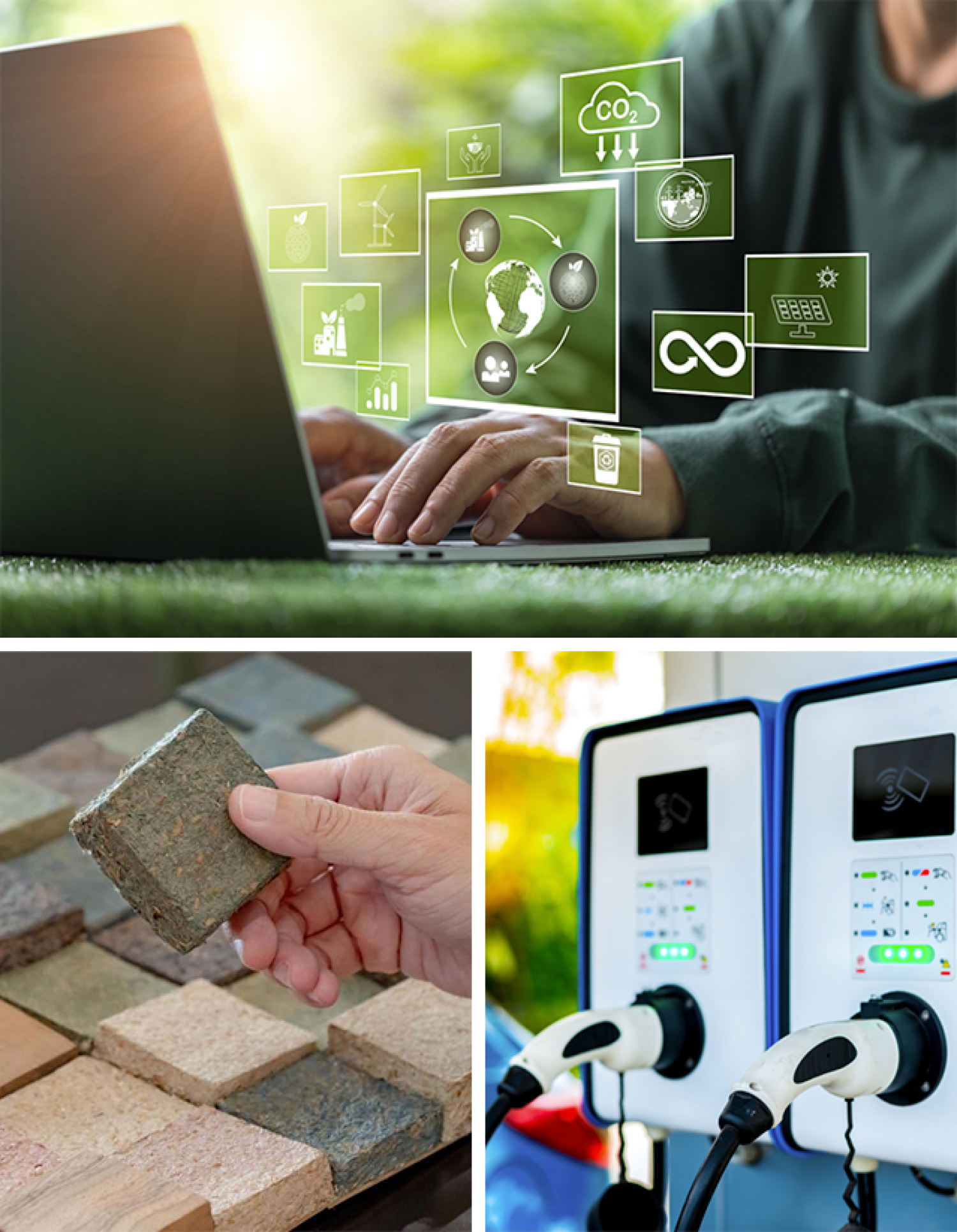 Trio of images representing sustainable computing, sustainable building materials, and EV infrastructure