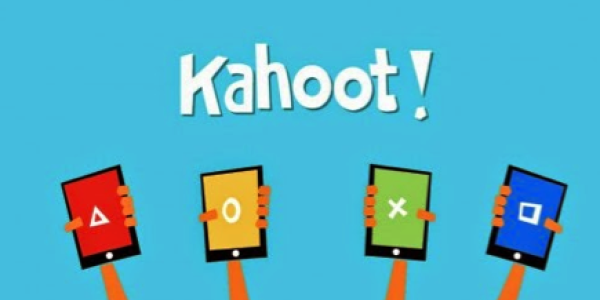 Graphic of Kahoot logo with four hands holding up cell phones