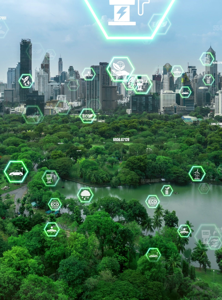 Green city overlaid with digital sustainability icons