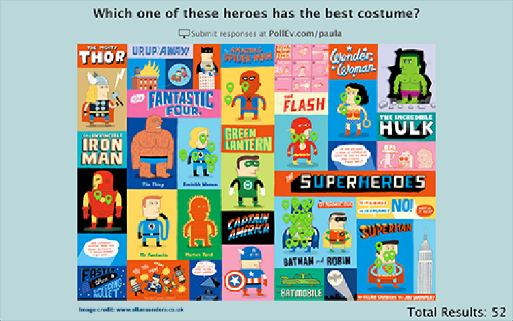 Collage of different images of superhero costumes to click on for voting.