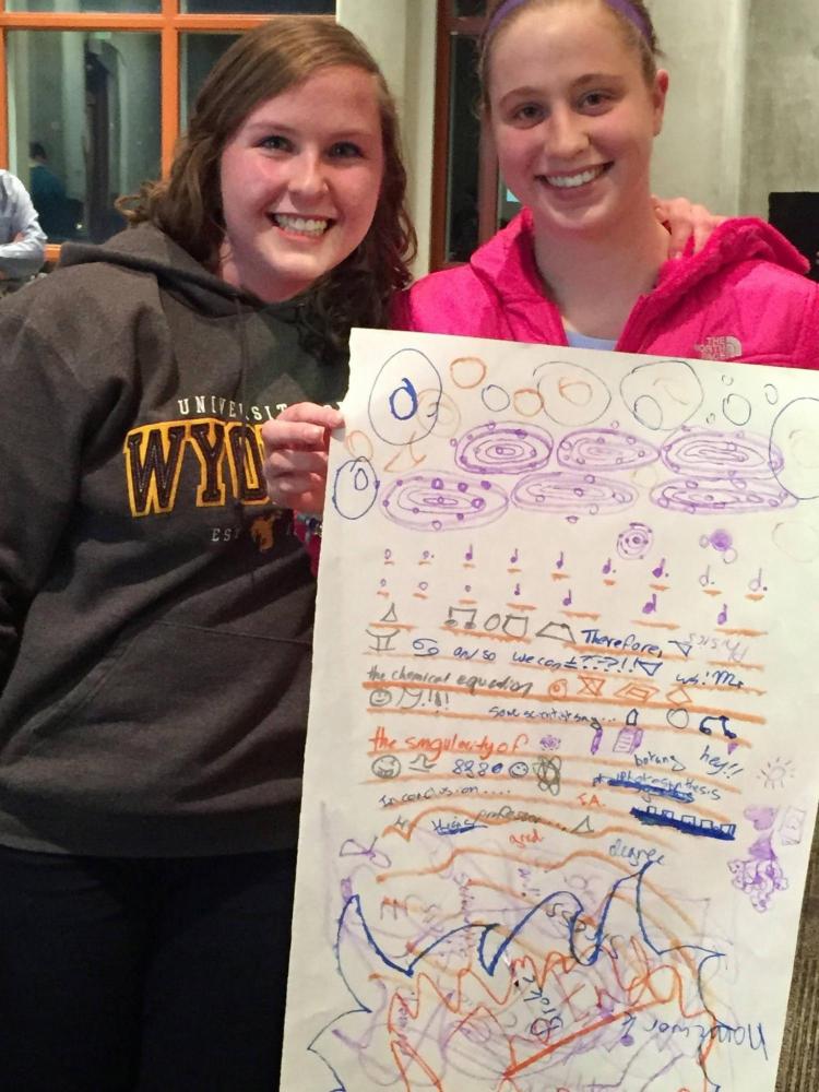 Two teen girls standing together holding a poster with musical notes and other drawings
