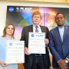 Goddard Space Center Director Makenzie Lystrup, LASP Director Dan Baker and Congressman Joe Neguse